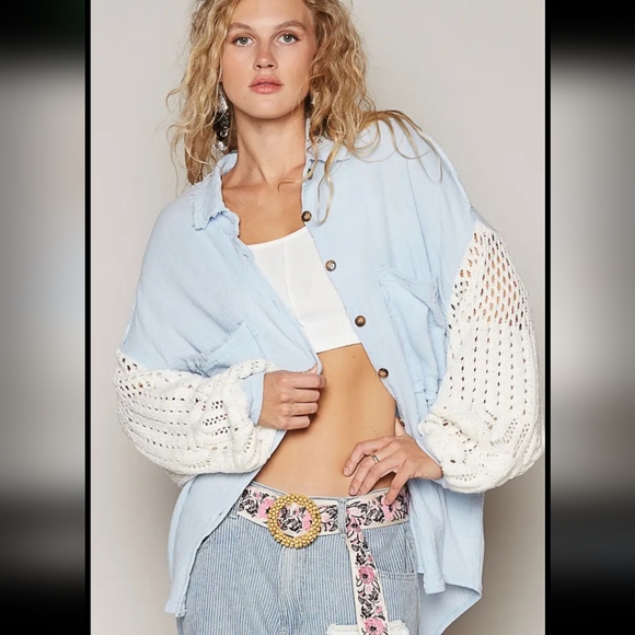 POL Light Blue Button-Up Shirt with Crochet Sleeves - Picture 6 of 6